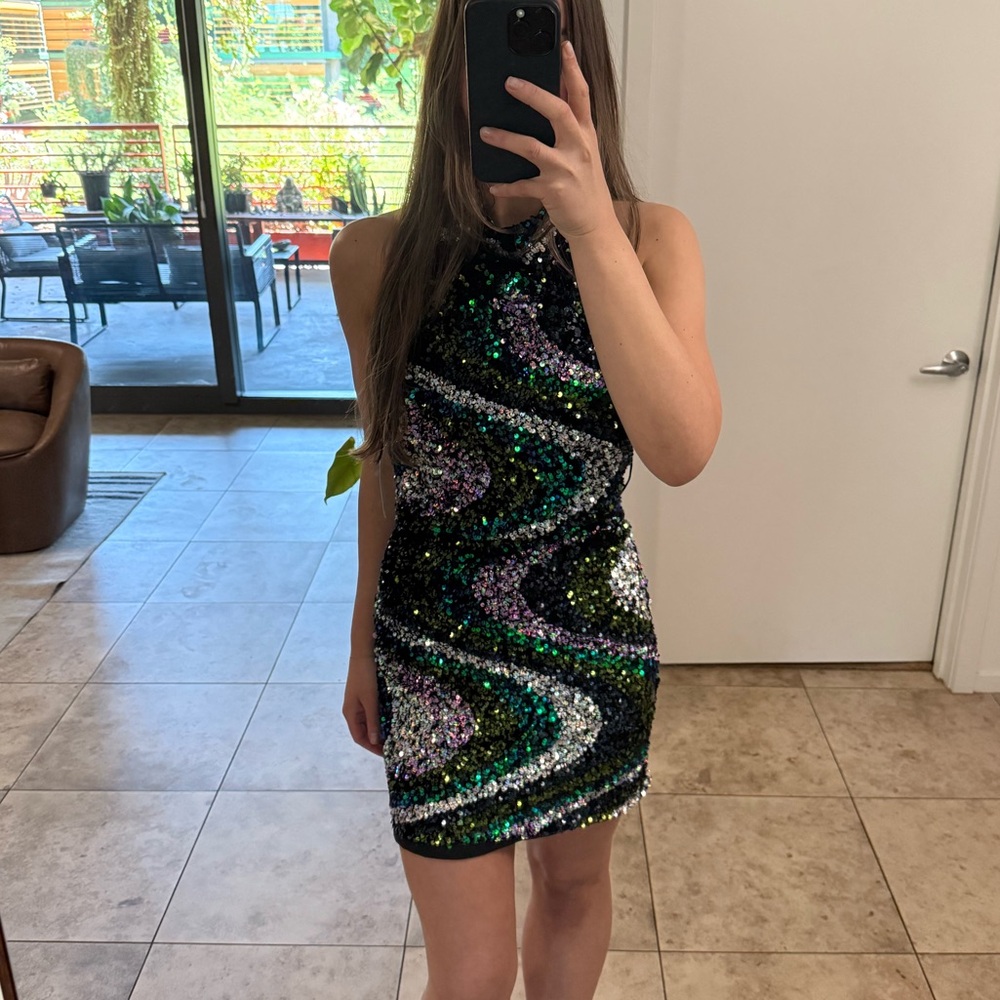 Elliatt Sparkling Swirl Mini Dress - Black, Green, Purple, Silver